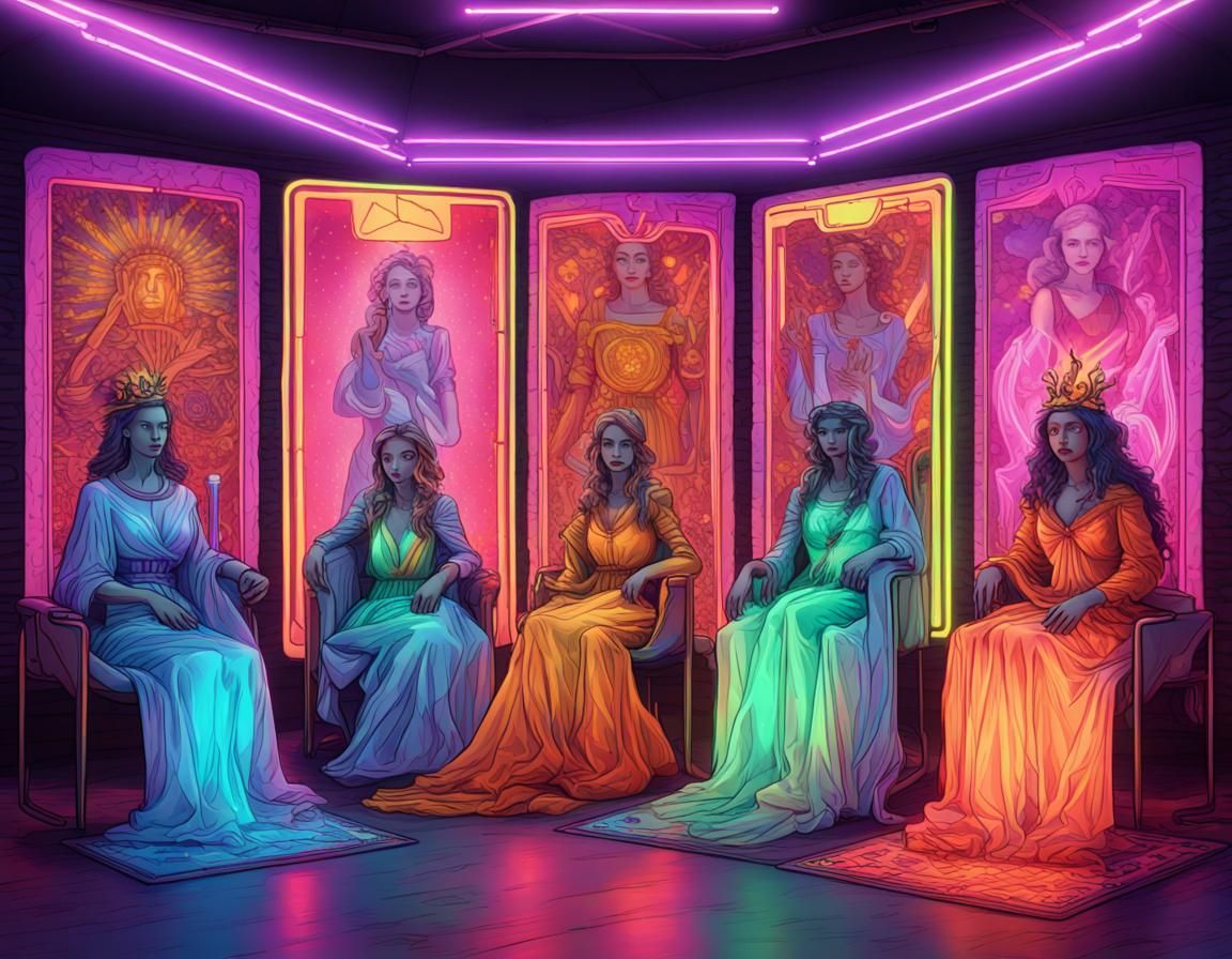 Tarot Queens in Neon Astral Illustration
