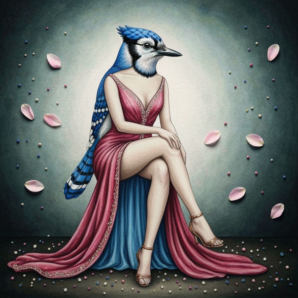 Surreal Blue Jay in Gown: Watercolor Art Deco