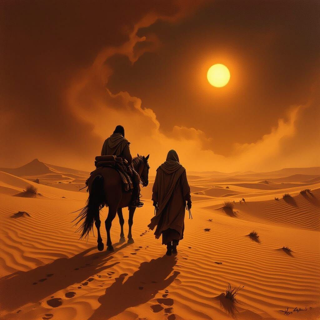 Lone Traveler's Hope in a Burning Desert