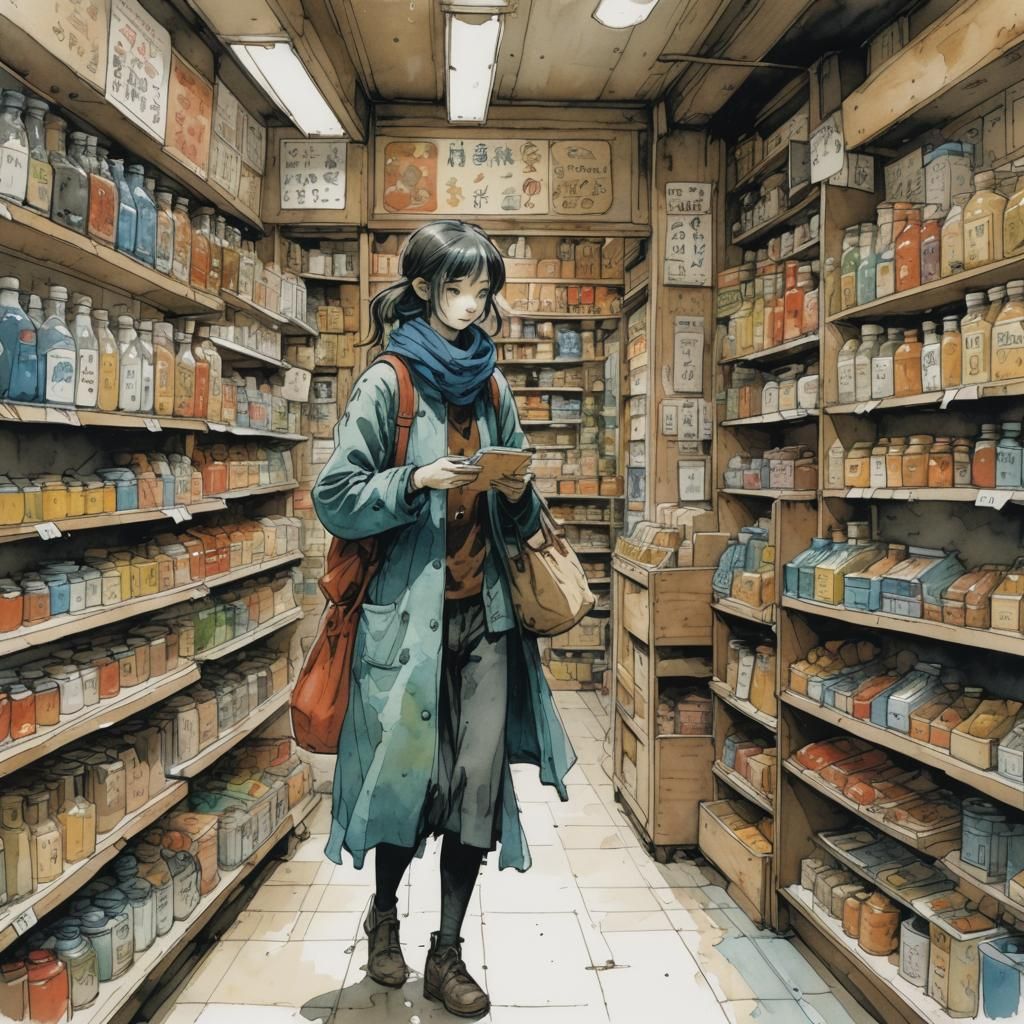 Woman Shopping: Vivid Watercolor and Sketch Art