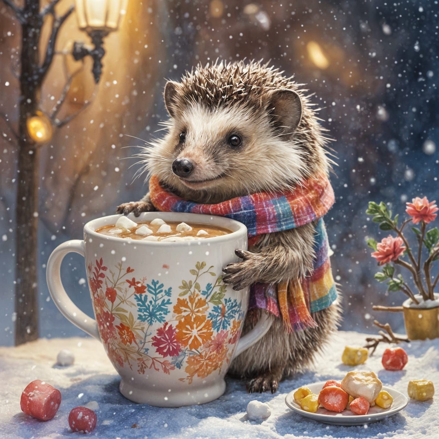 Whimsical Winter Wonderland Scene in Watercolor Style