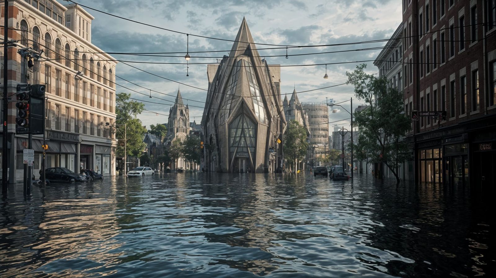 Flooded Gothic Intersection in Downtown Metropolis