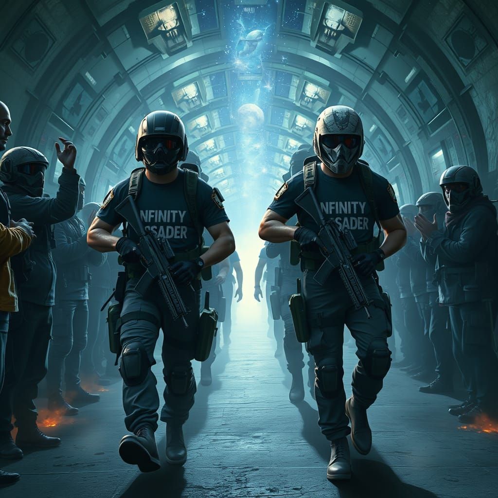 Men in Tactical Gear Walk Through Cosmic Tunnel