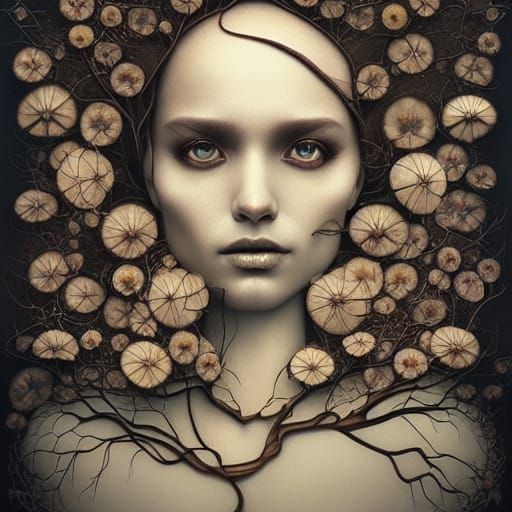 Surreal Dead Tree with Wildflowers and Fractal Face