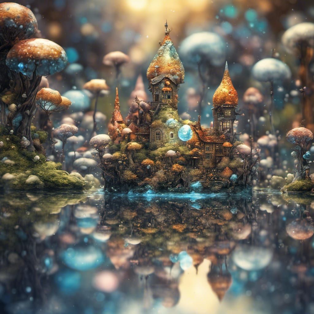 Water Drop Reflection of a Fairy Town