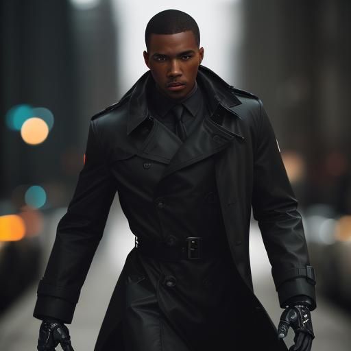 Black Man with Robotic Arm in Trench Coat