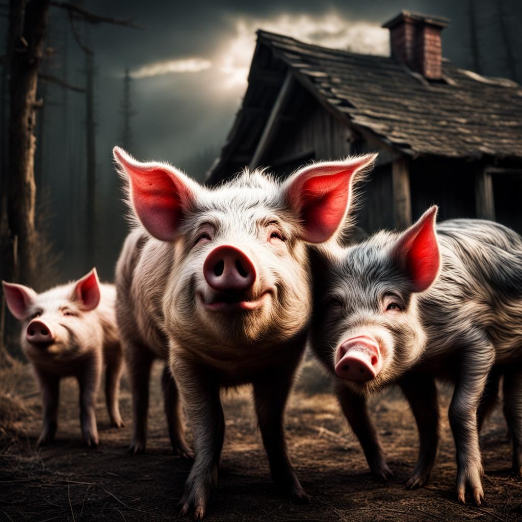 Hyperrealistic Three Little Pigs and the Wolf