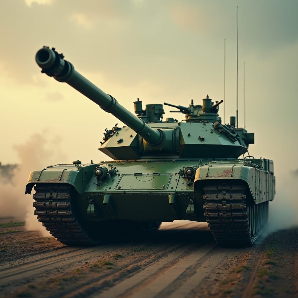 Green 1980s Main Battle Tank Cinematic Film Still