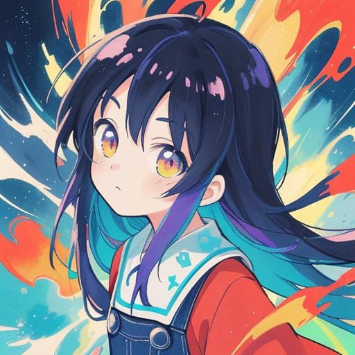 Anime-Inspired Portrait of Whirling Hair in Vibrant Colors