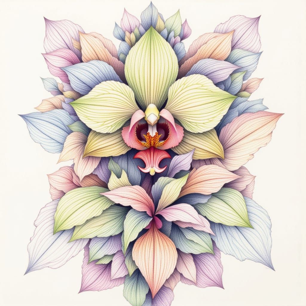 Escher-esque Orchid Sketch with Colored Pencil Textures
