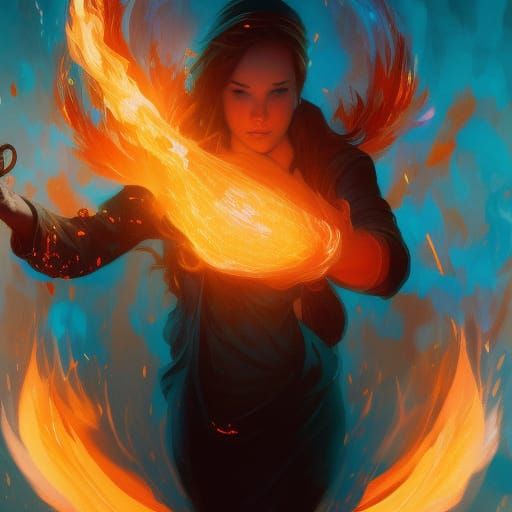 Fiery Figure Holding a Blue Flame