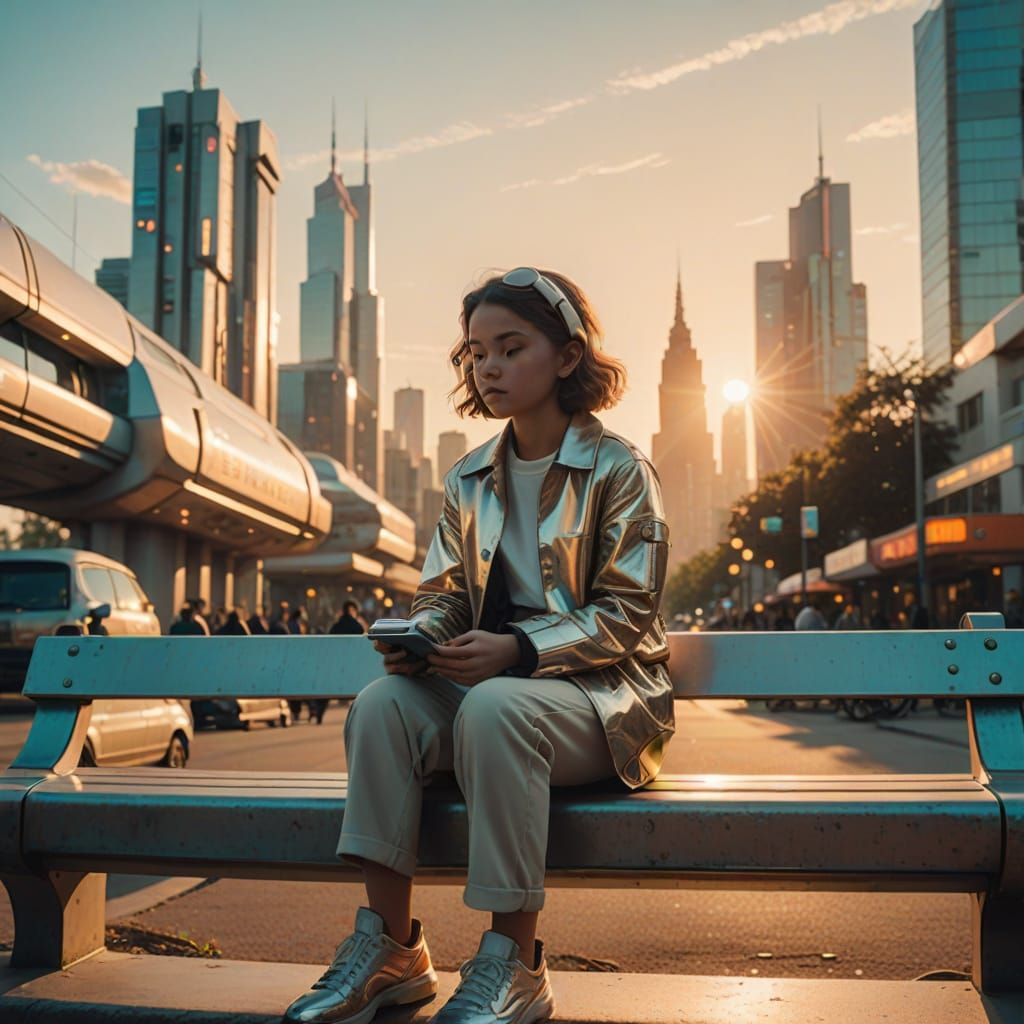 Child with Holographic Pet in Retro-Futuristic City