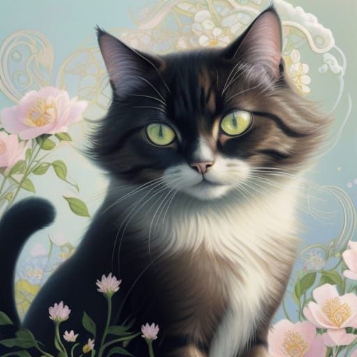 Dreamlike Art Nouveau Cat Among Vibrant Flowers