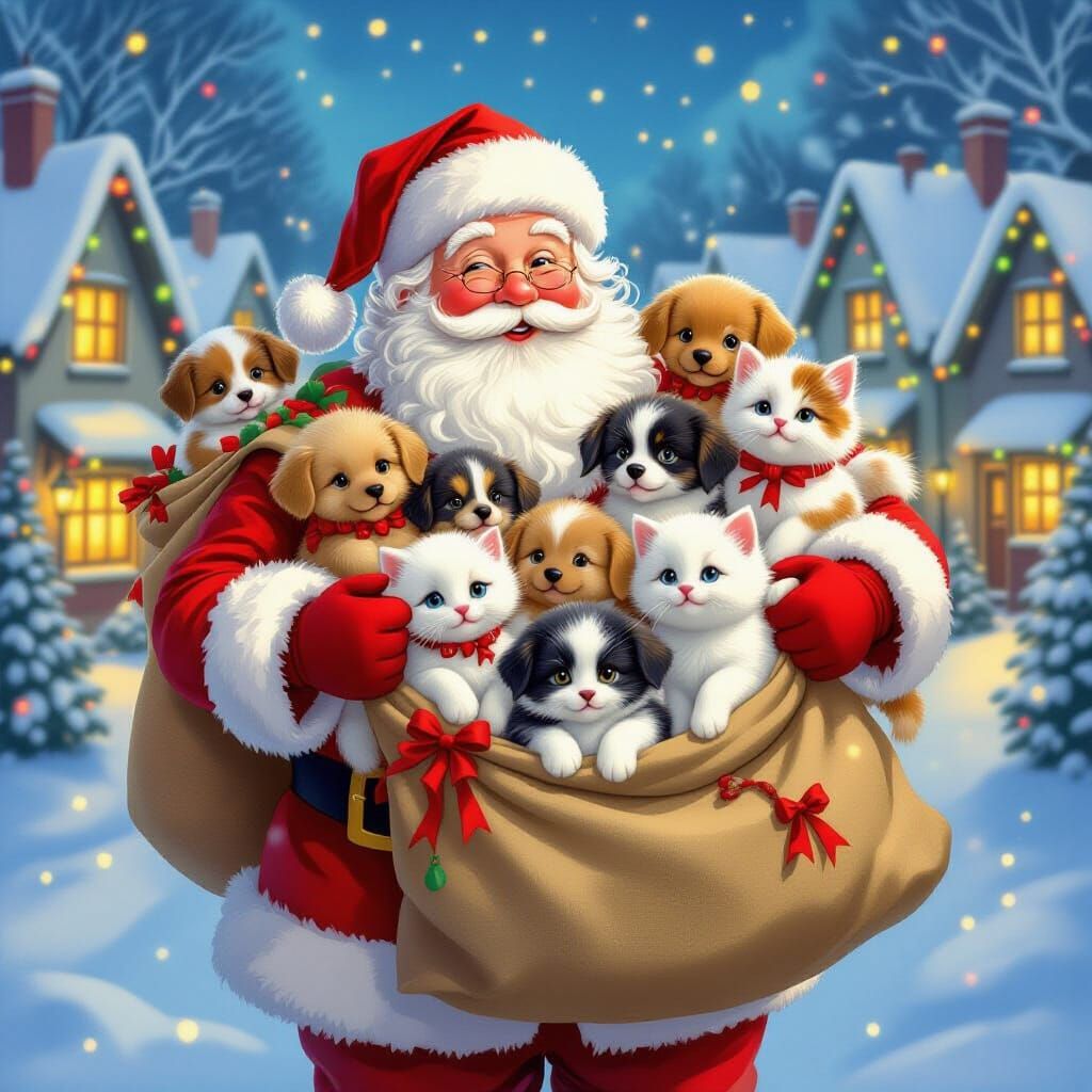 Santa Claus With Puppy and Kitten Sack