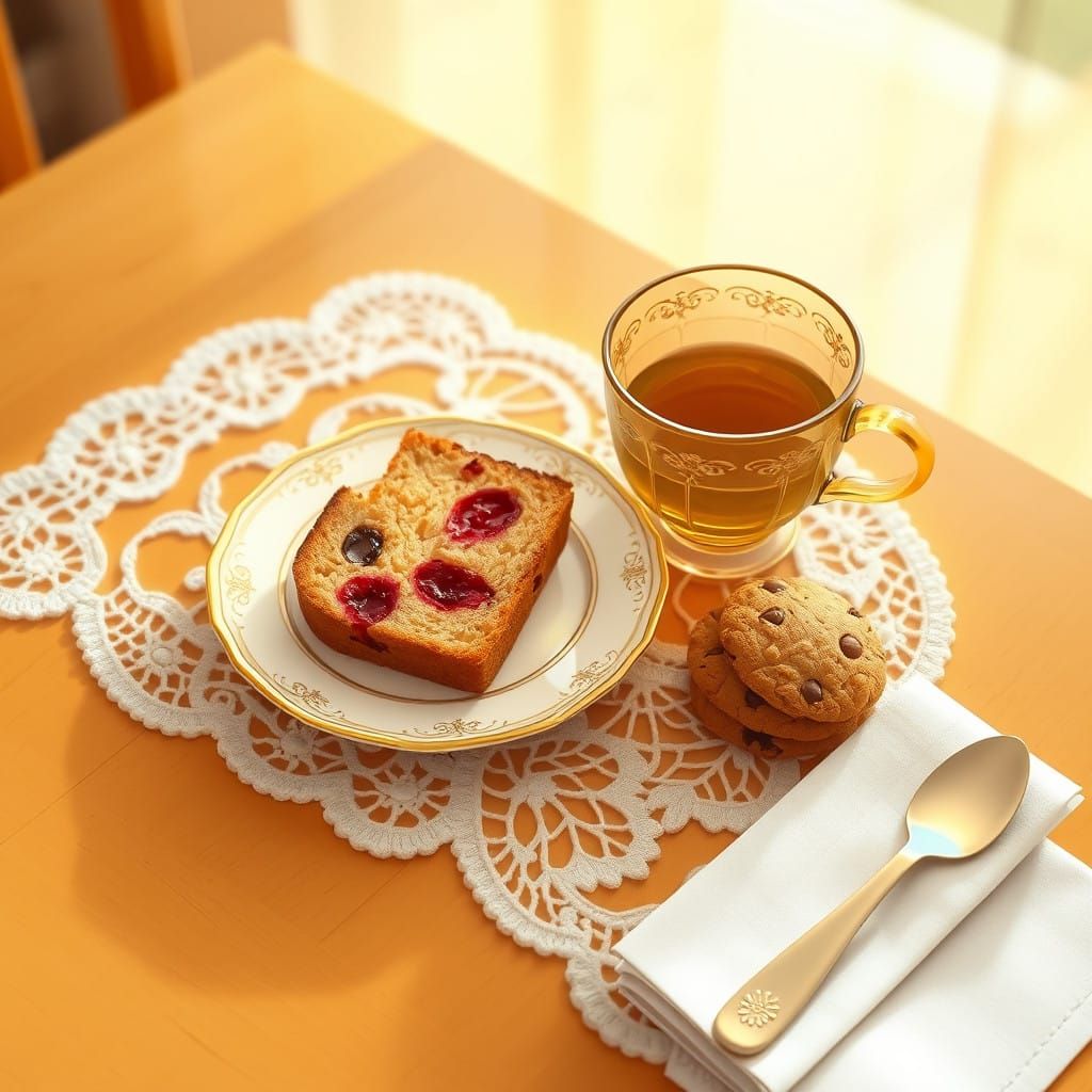 Whimsical Anime-Style Tea Time Setting on Wooden Table
