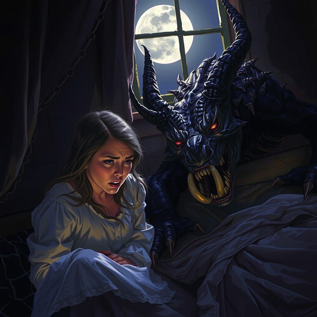 Haunted Moonlit Bedroom Scene in Dark Fantasy Style