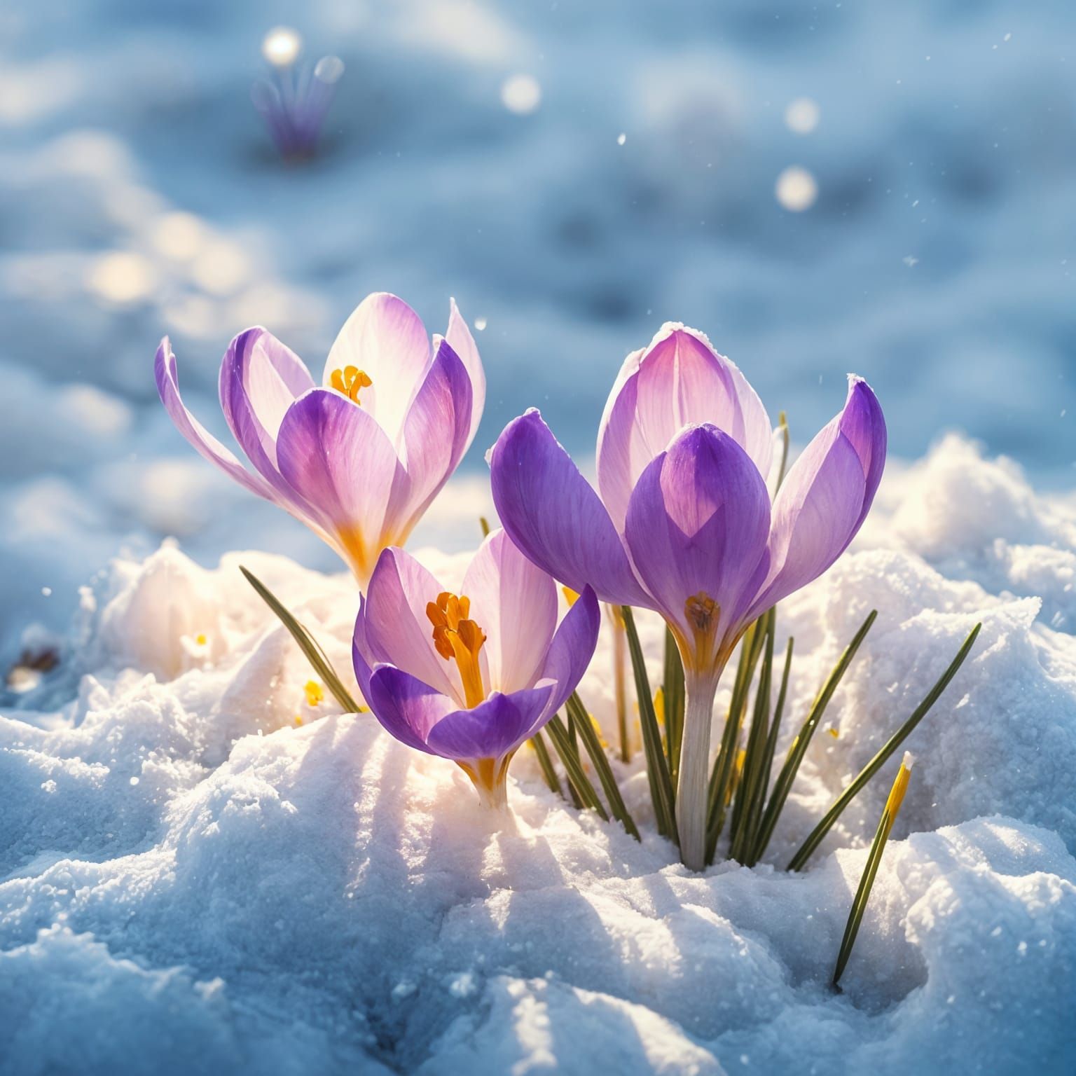 Vibrant Crocus Blooms Through Snow in Early Spring Oil Paint...