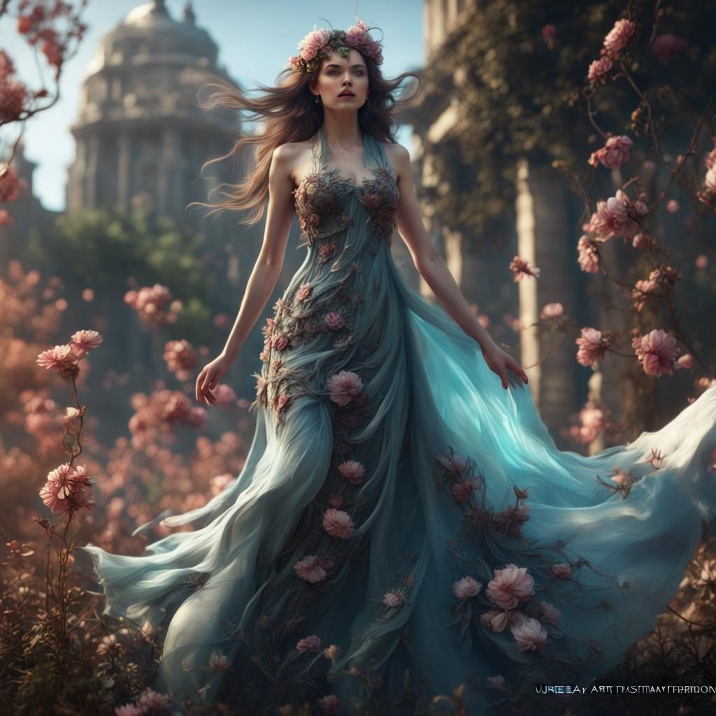 Wind Flower Dress: Beautiful Woman in Detailed Matte Paintin...