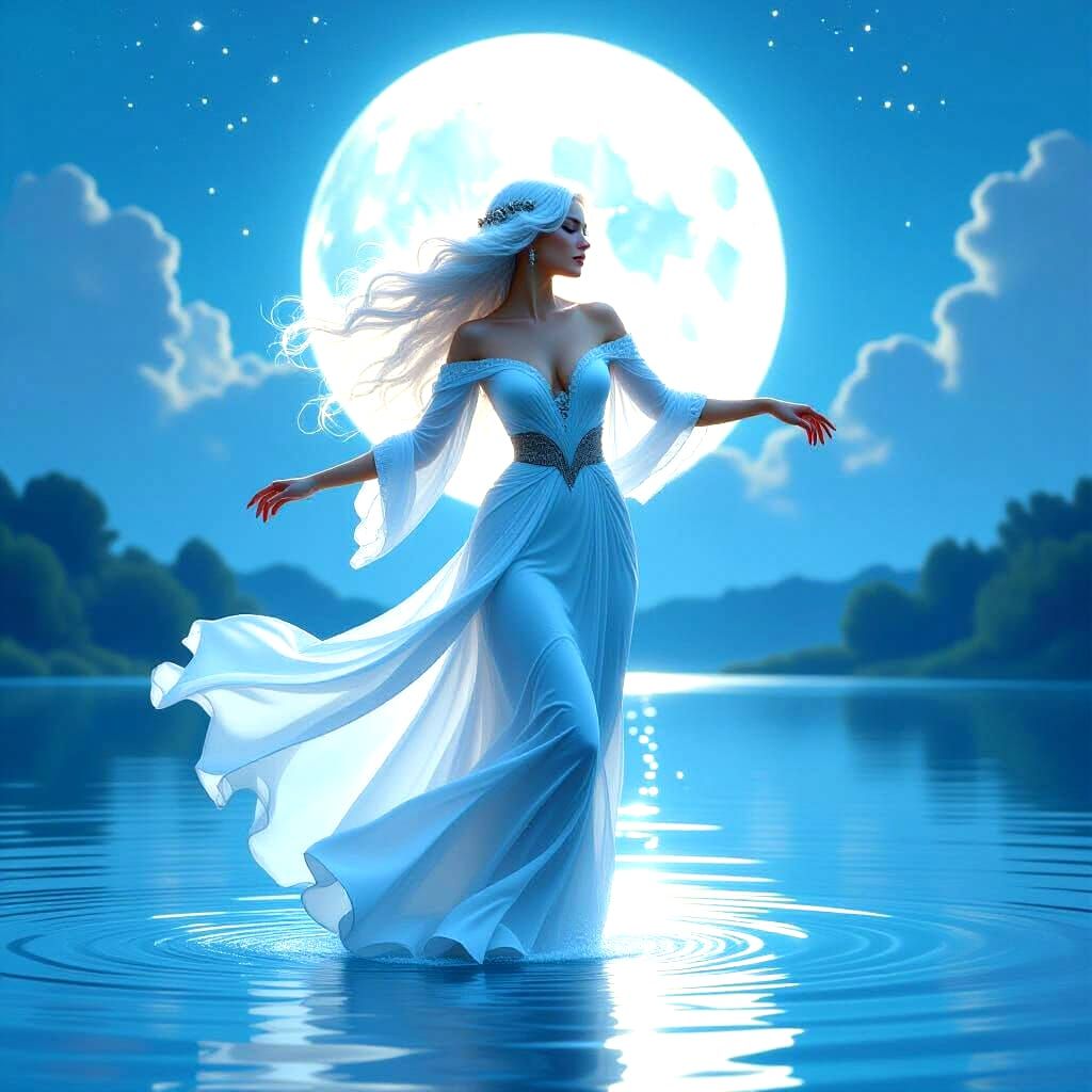 Ethereal Dancer on Moonlit Lake in Art Nouveau Style