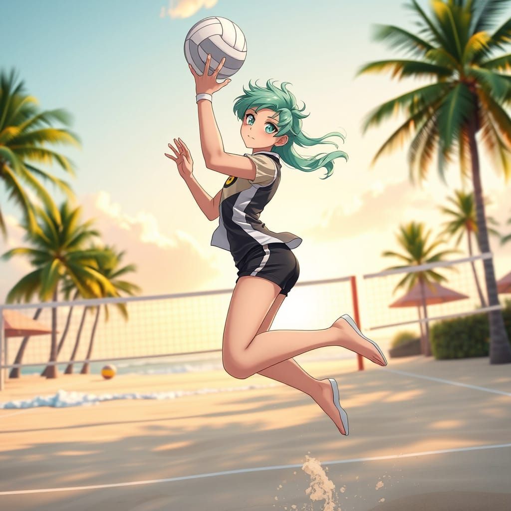 Elegant Volleyball Player with Pastel Green Hair