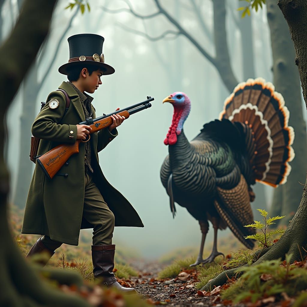 Steampunk Hunter Stalks Turkey in Misty Forest
