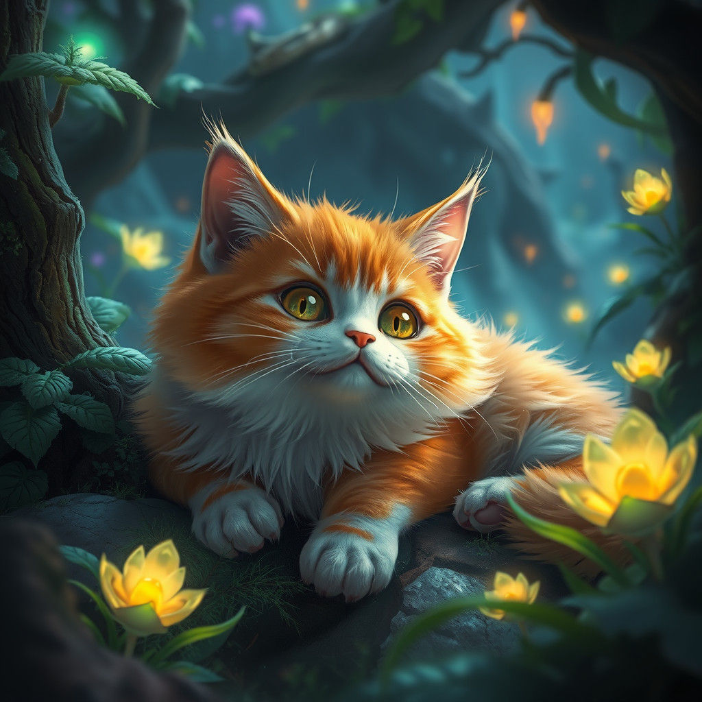 Fluffy Cat in Mystical Realm: Fantasy Art