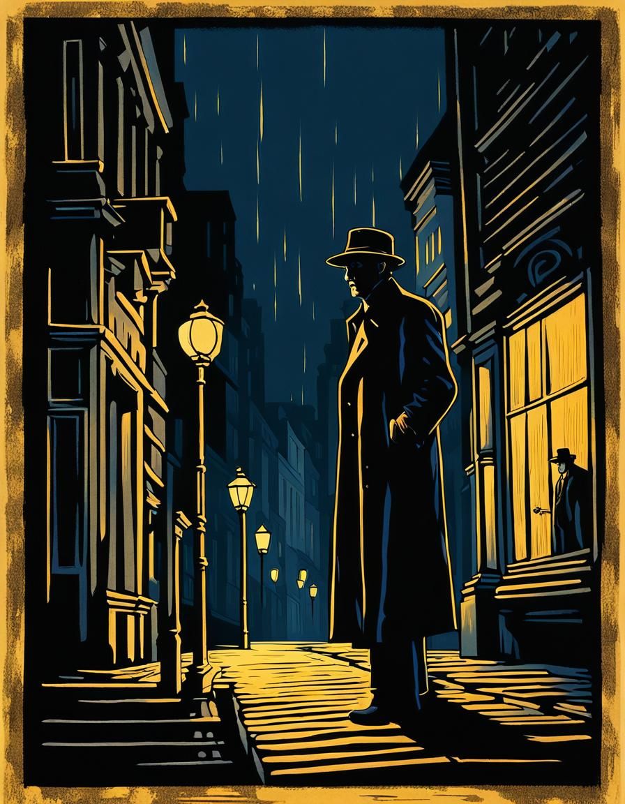 Film Noir Woodcut: 1930s Man Under Streetlight