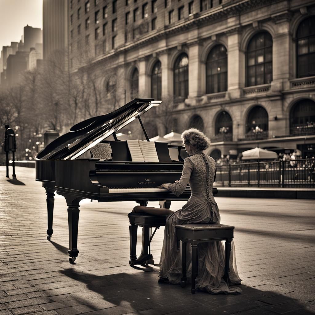 Woman Plays Piano in Fashionable New York Square