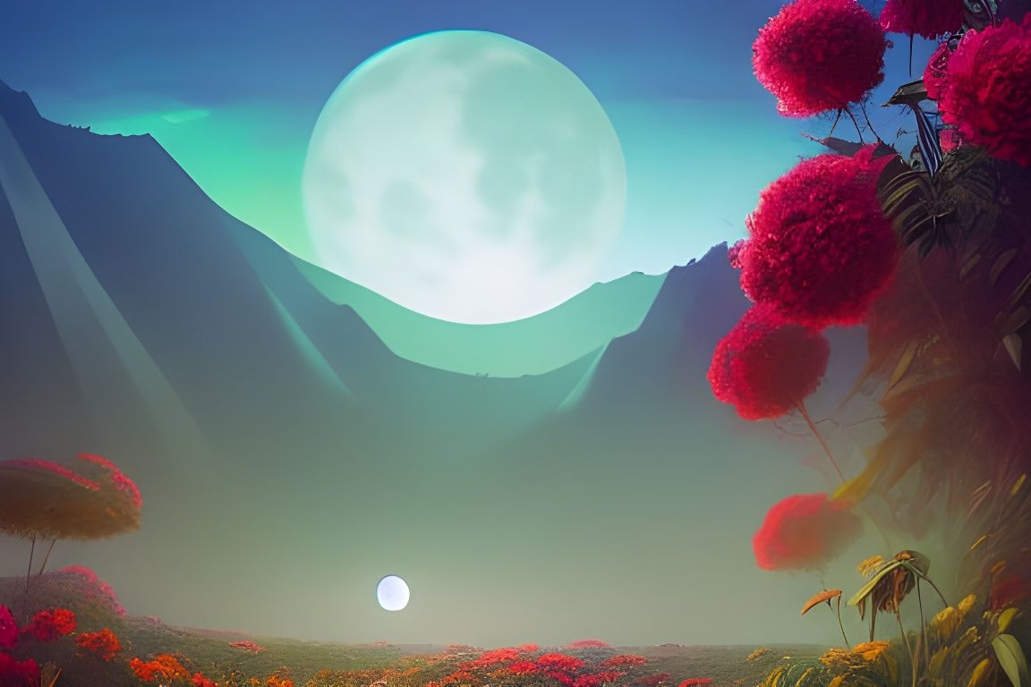 Moonlit Rose Jungle in Colorful Fantasy Landscape