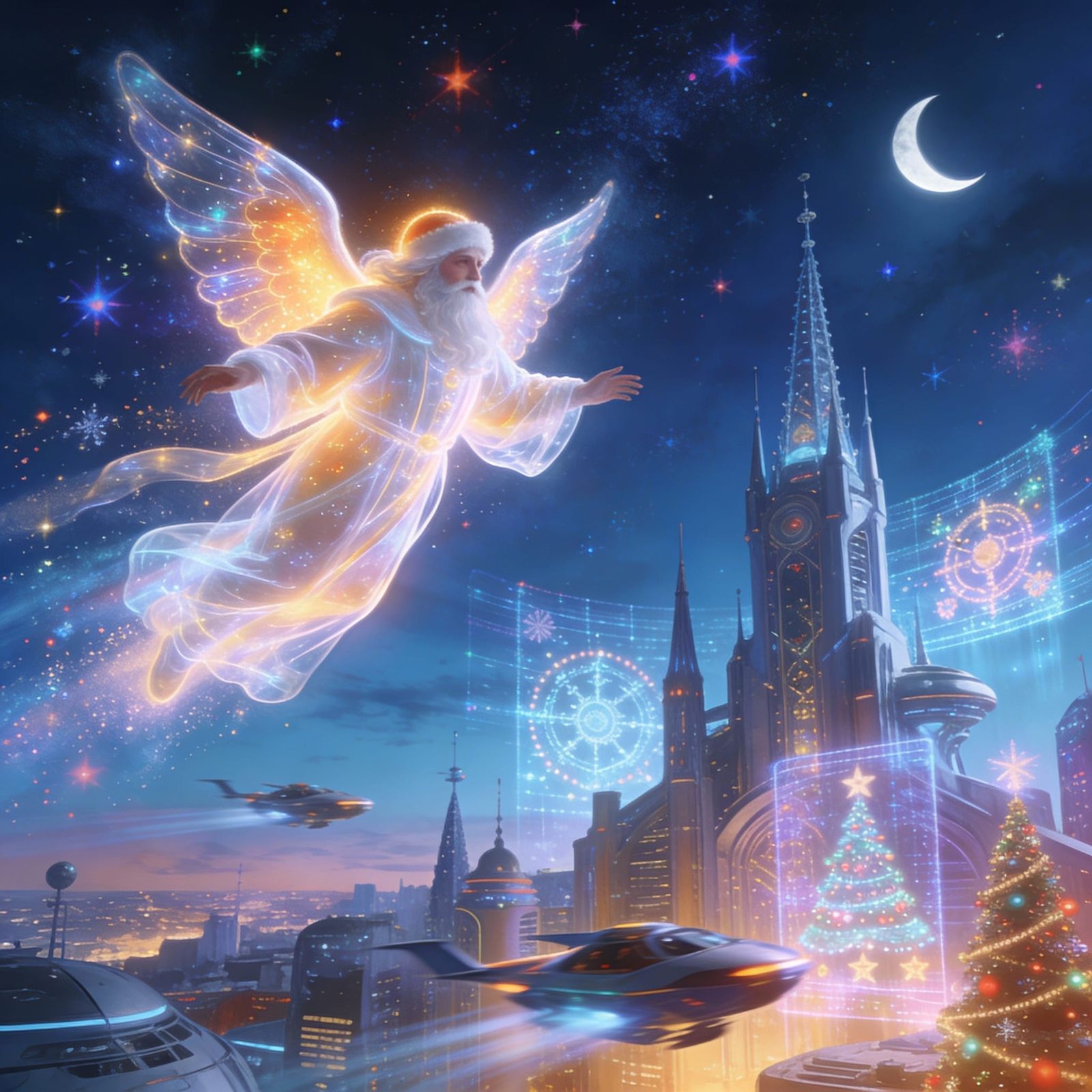 Christmas Spirit Soars Over Futuristic Cityscape