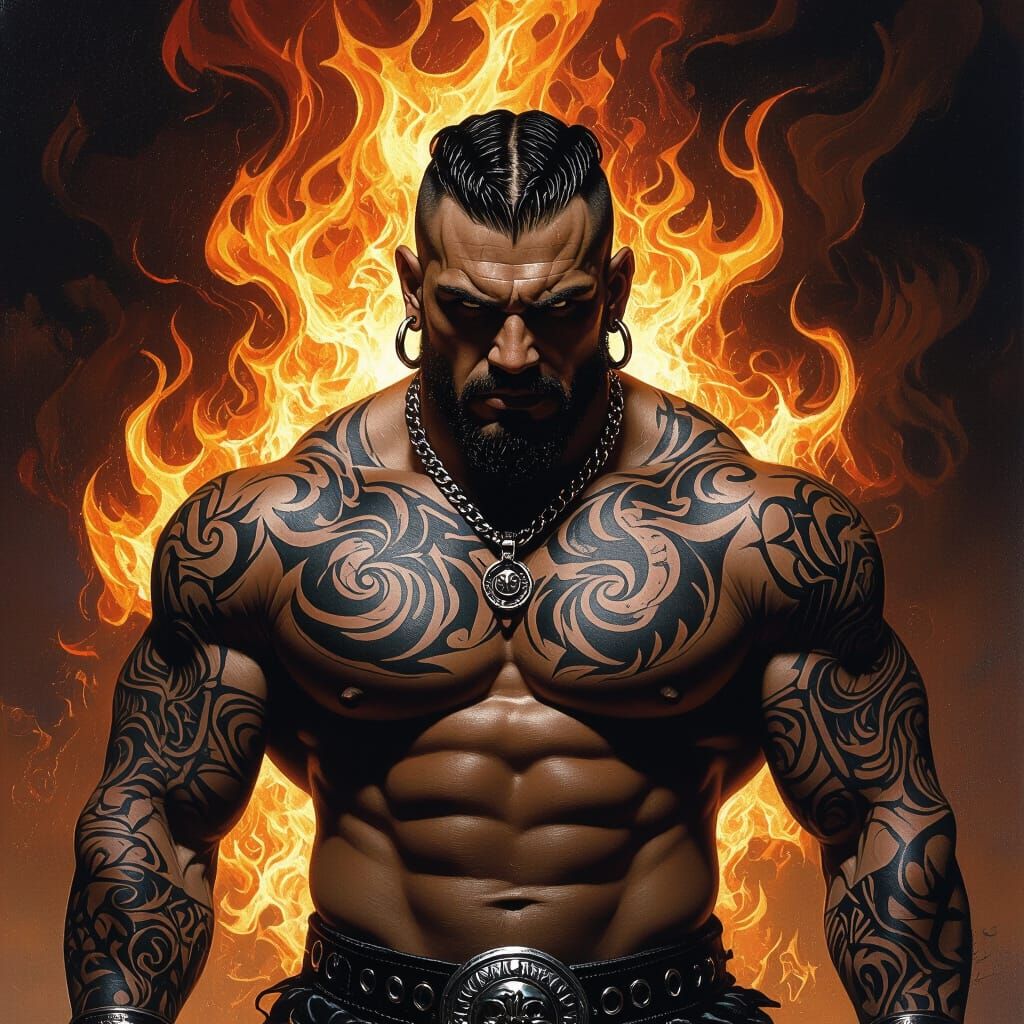 Tattooed Wrestler Amidst Dark Flames in Dramatic Realism