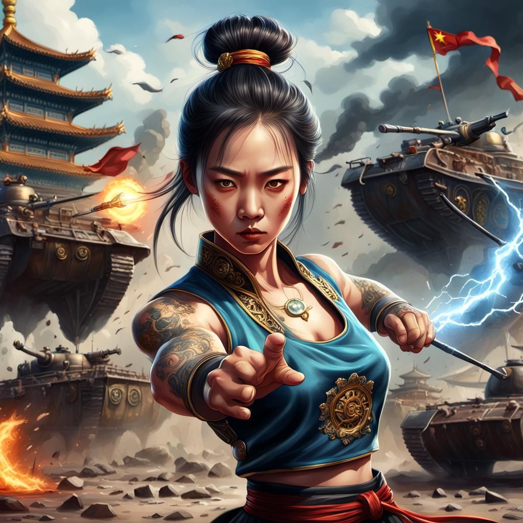 Chinese Kung Fu Master in Steampunk Battlefield