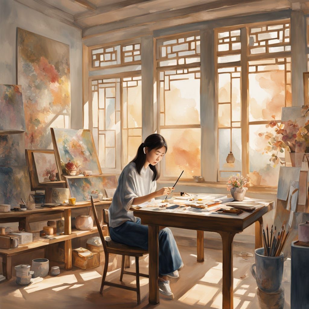Young Chinese Artist at Work in Cozy Studio