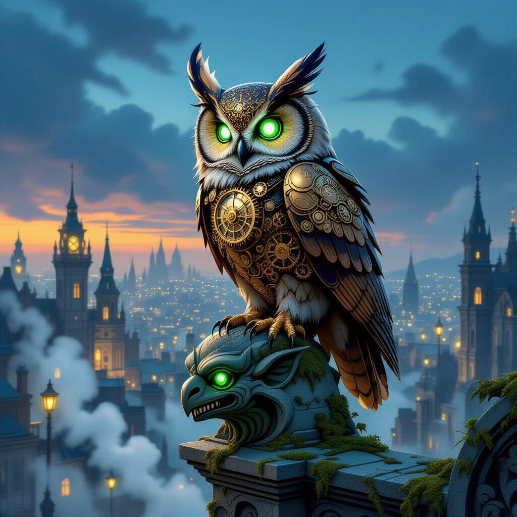 Clockwork Owl on Gargoyle Over Victorian City