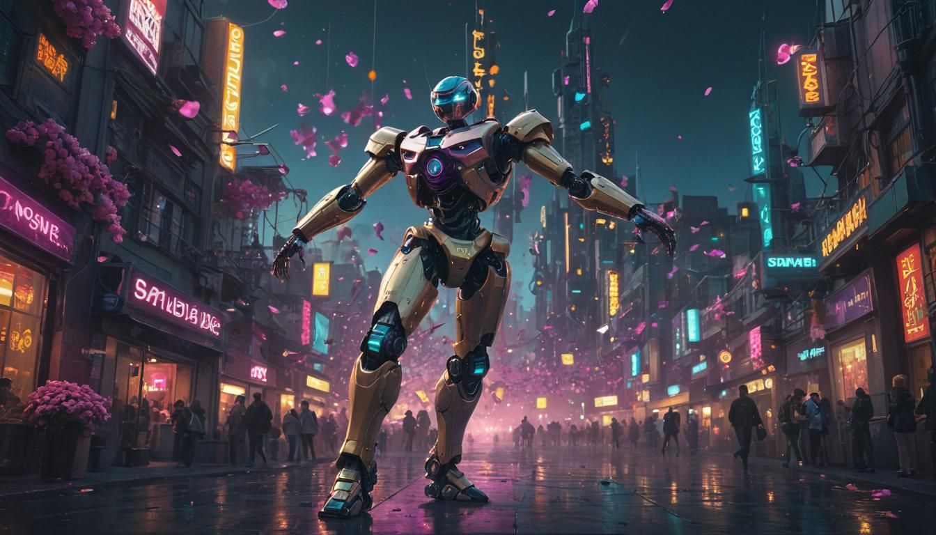 Robot Dancer in Cyberpunk City at Golden Hour