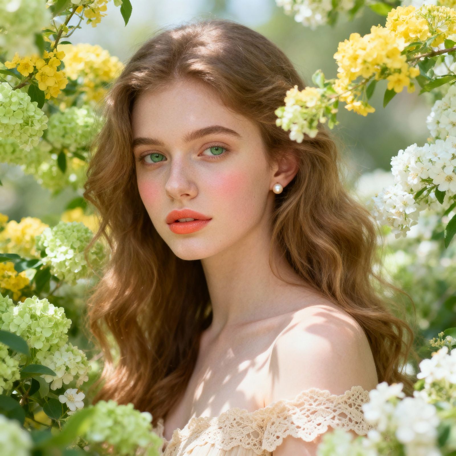 Serene Woman in Lush Garden, Photorealistic Style