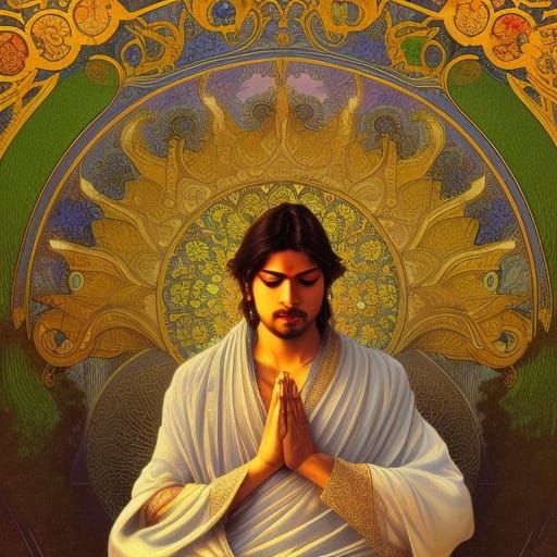 Siddhartha Meditates in Detailed Art Nouveau Scene