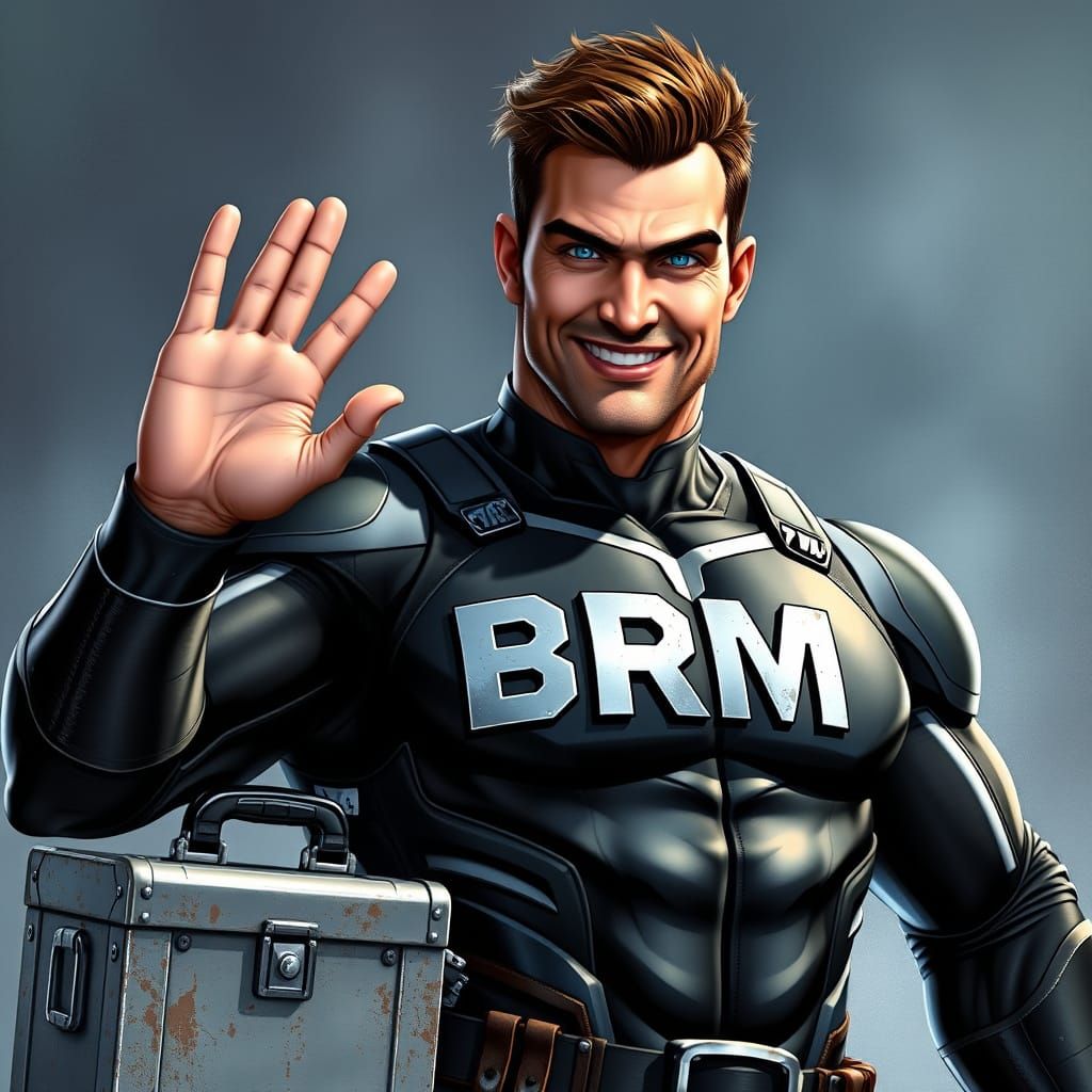 Hyperrealistic Superhero in Metallic Suit Wields Tool Chest