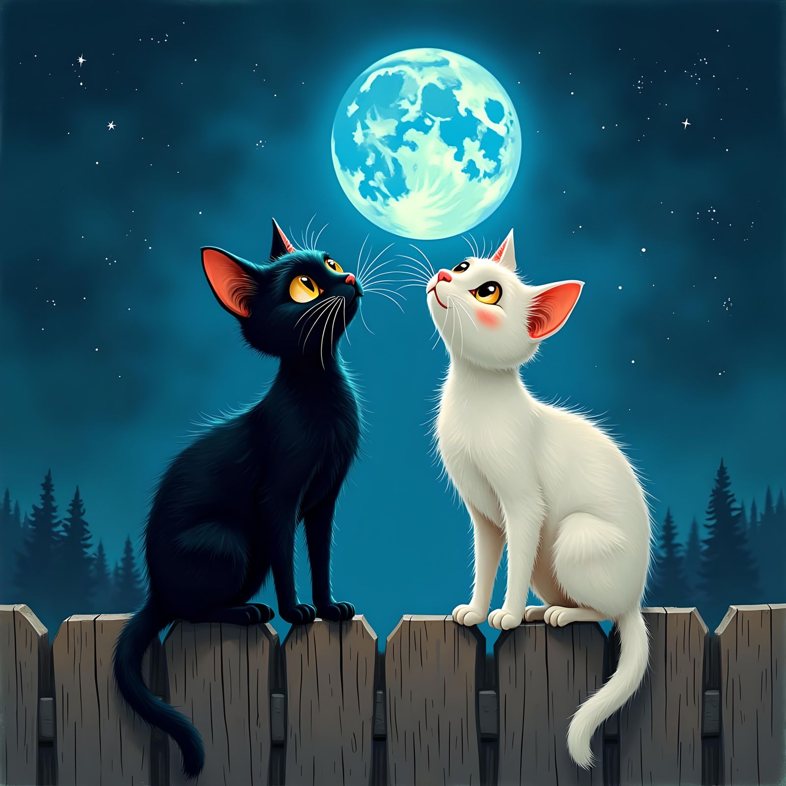 Black and White Cats Gaze at Blue Moon