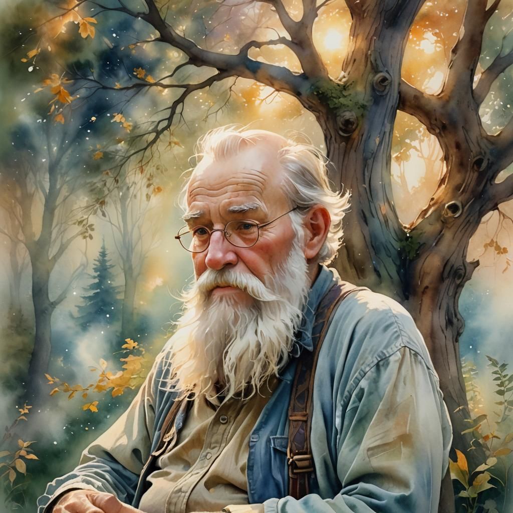 Whimsical Watercolor Fantasy of an Old Man's Memories