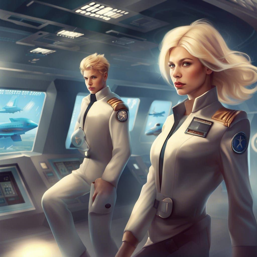 Futuristic Airport Scene with Blonde Pilot