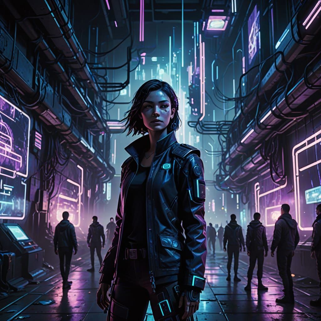 Cyberpunk Labyrinthine Battle in Neon-Lit Darkness
