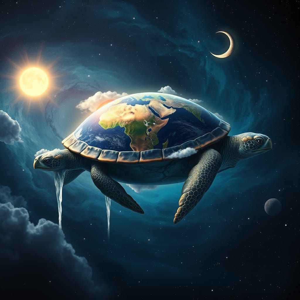 Cosmic Turtle Guiding a Lush, Vibrant Earth Through Starry S...