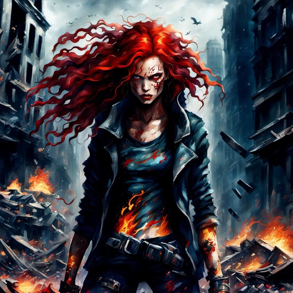 Fiery Tornado of Chaos: Woman in Apocalyptic Wasteland
