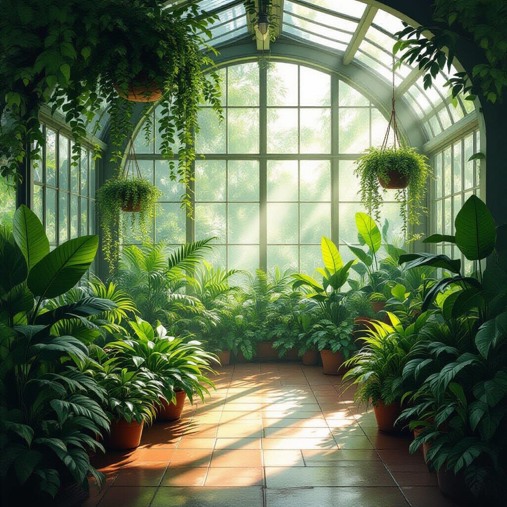 Lush Greenhouse Interior in Digital Painting Style