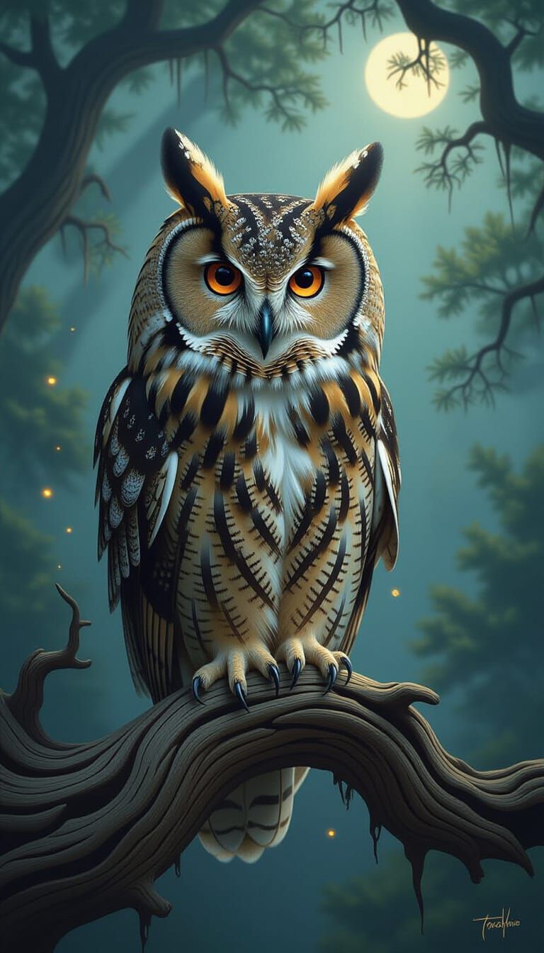 Majestic Owl in Mystical Forest, Hyperrealistic Digital Pain...