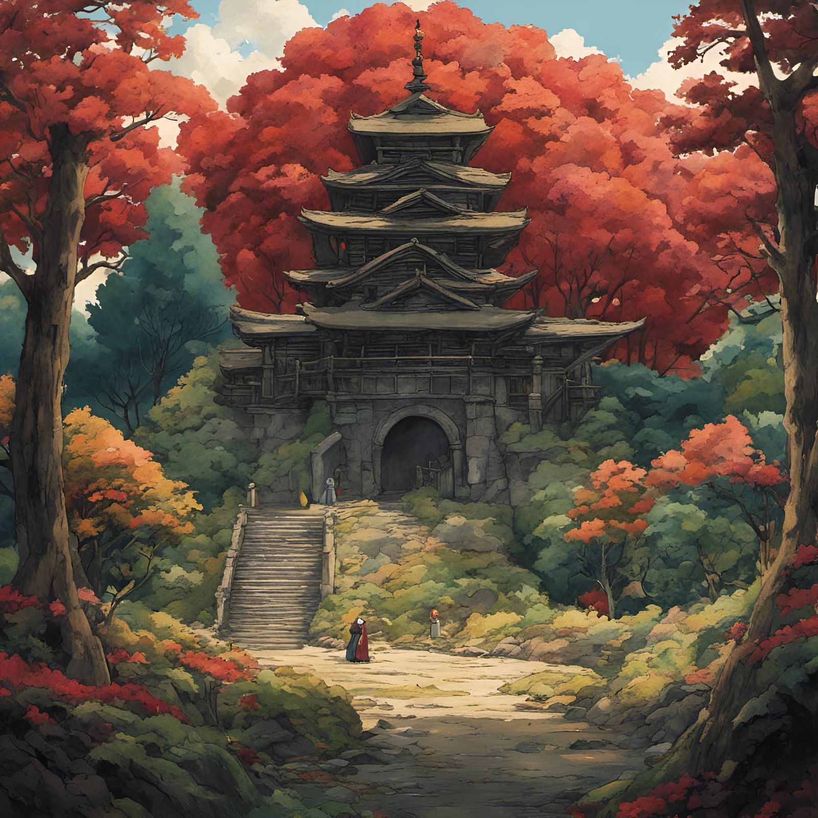 Xai-tian Forest Temple in Watercolor Style
