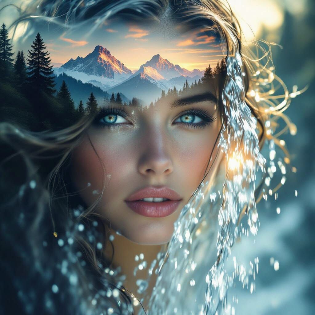 Surreal Woman's Face with Waterfall Hair and Mountain Eyes