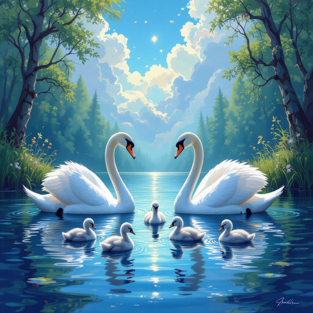 Graceful Swans and Cygnets on a Lake in Enchanted Forest