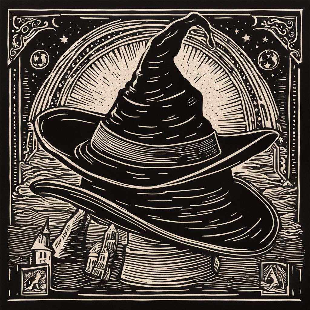 Linocut of the sorting hat from Harry Potter movies